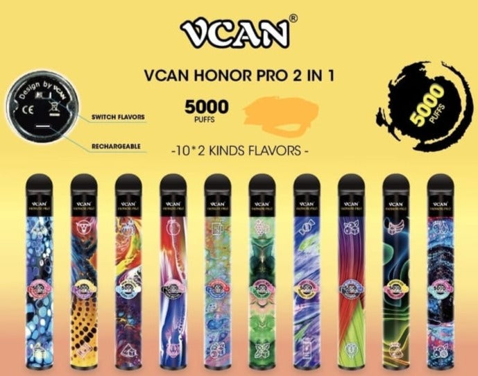 BOX of 10 Vcan Honor Pro 2 In 1 Disposable 5000 Puffs Rechargeable Battery