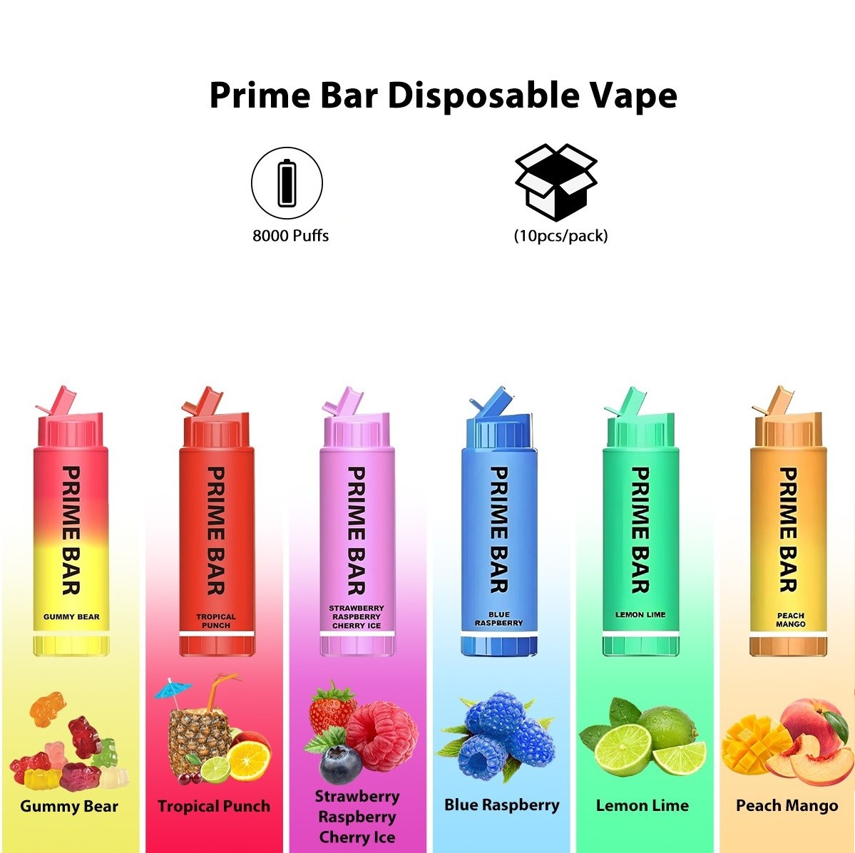 Box of 10 PRIME BARS 8000 PUFFS DISPOSABLE 0mg TPD Complaint UK BEST SELLING VAPES
