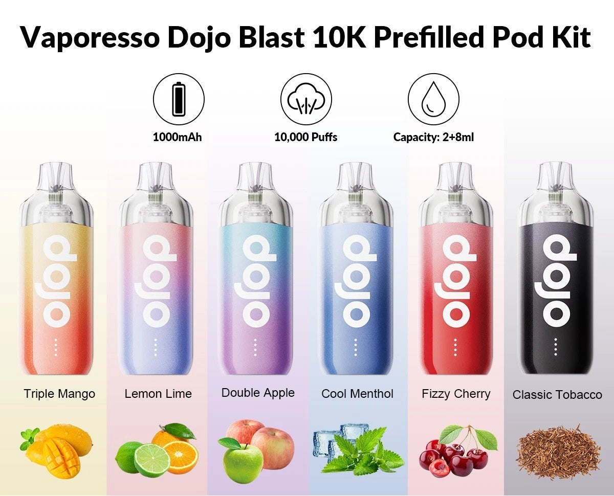 Box of 5 Vaporesso Dojo Blast 10k Vape Kit | Prefilled Pod Kit | 20mg | [21 variations]